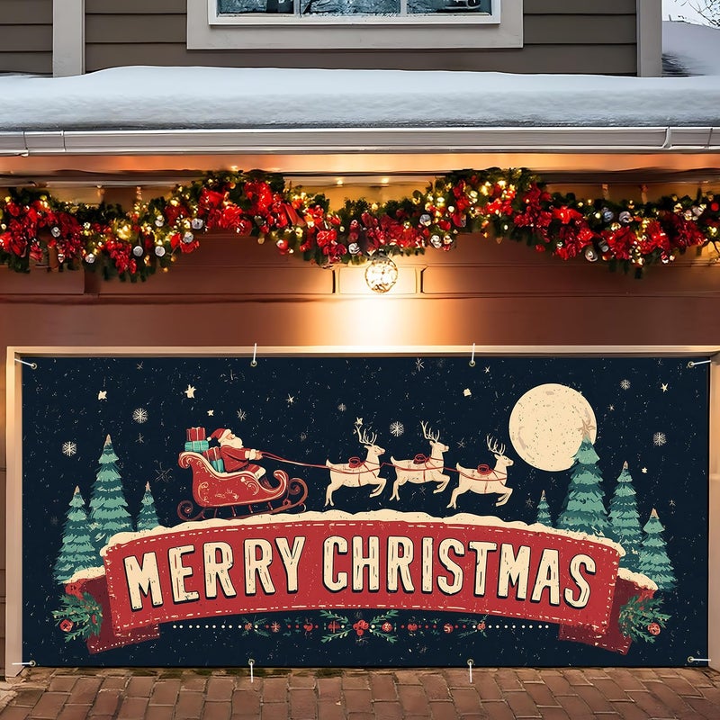 ANNA QUEEN Christmas Garage Door Banner 6×13 FT, Retro Santa Sleigh & Merry Christmas Sign, Large Outdoor Garage Decoration for Parties Home Decor - Image 1